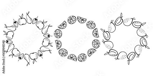 Set of black and white fruit wreath frames with apples, pears, strawberries, citrus slices, and plums. Hand-drawn round borders for invitations, coloring pages, labels, packaging, and design projects.