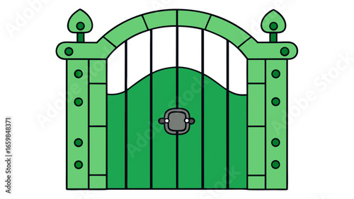 Forged modern gates with lock isolated over dark green background vector illustration.
