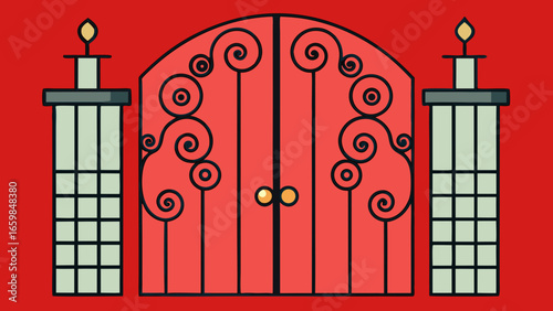 Forged modern gates with décor isolated over dark red background vector illustration.
