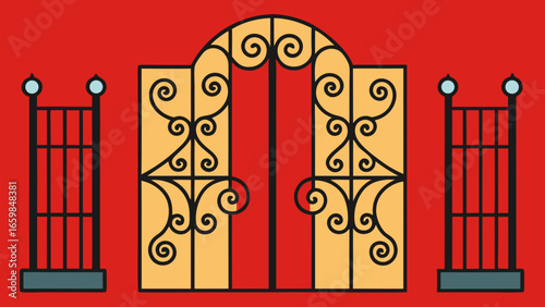Forged modern gates with décor isolated over dark red background vector illustration.
