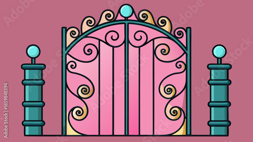 Forged modern gates with décor isolated over dark pink background vector illustration.
