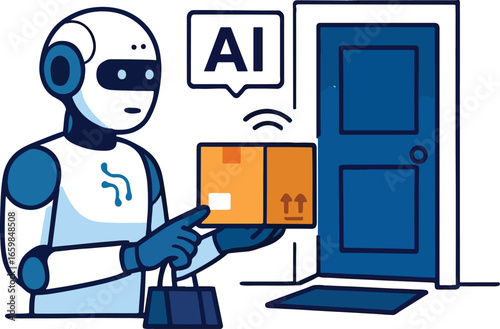 AI robot delivering package to a doorstep Illustration
