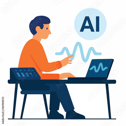Music producer working with AI hologram sound waves Illustration