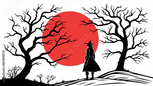 Mysterious Wanderer Gazes at a Blood Moon Between Silhouetted Trees on a Hilltop