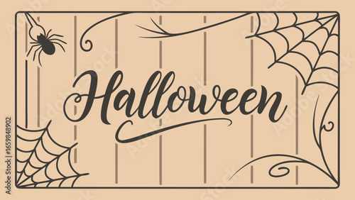 Halloween Signage Illustration Festive Web and Spider Design on Wooden Background