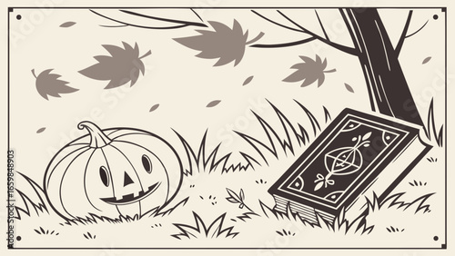 Whimsical Autumn Scene Pumpkin, Book, and Falling Leaves in a Forest Setting
