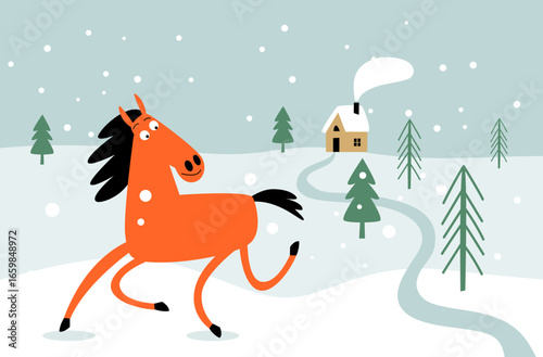Cute cartoon red horse on a winter landscape background, new year greeting card	
