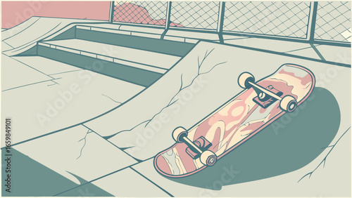Eerie silence at the abandoned concrete skatepark on Halloween, a lone skateboard waits on the ramp.