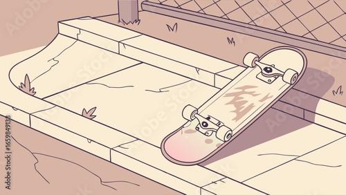 An abandoned skateboard rests on a desolate urban path, creating a haunting Halloween concept for a quiet, mysterious evening scene.