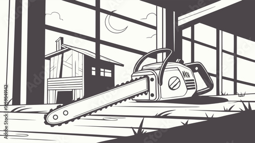 A menacing chainsaw lies abandoned in the desolate night, casting long shadows against an old cabin, perfect for a chilling Halloween tale of suspense and unknown horrors.
