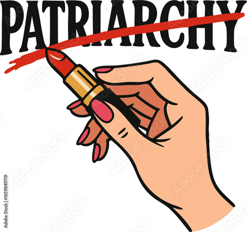 Feminist Hand Crossing Out Patriarchy with Lipstick – Protest Illustration