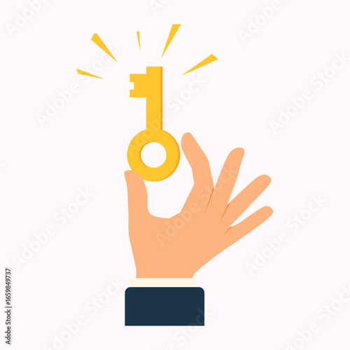 hand holding key success goal flat color vector illustration template design