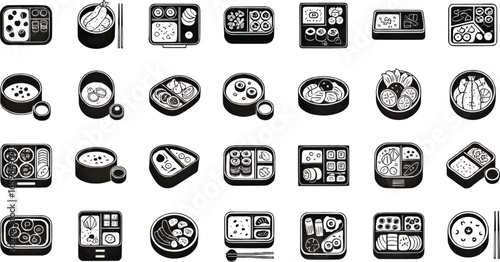 Minimal Japanese food icons featuring bento box silhouettes, vector