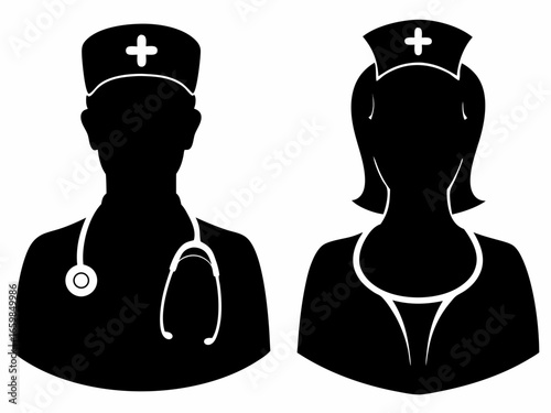 Male Doctor and Female Nurse Medical Staff Silhouettes
