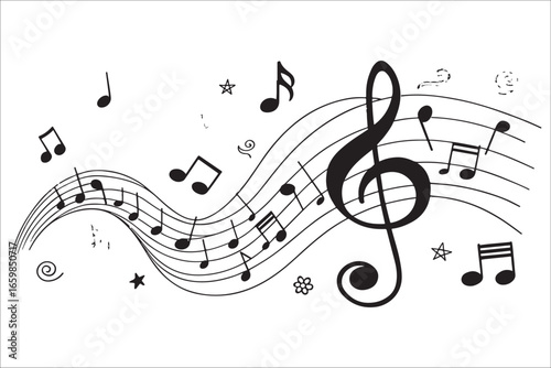 Musical staff with notes and treble clef silhouette
