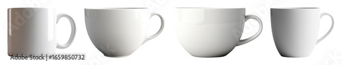 Four white ceramic mugs on a black coffee cup tea cup container beverage transparent background