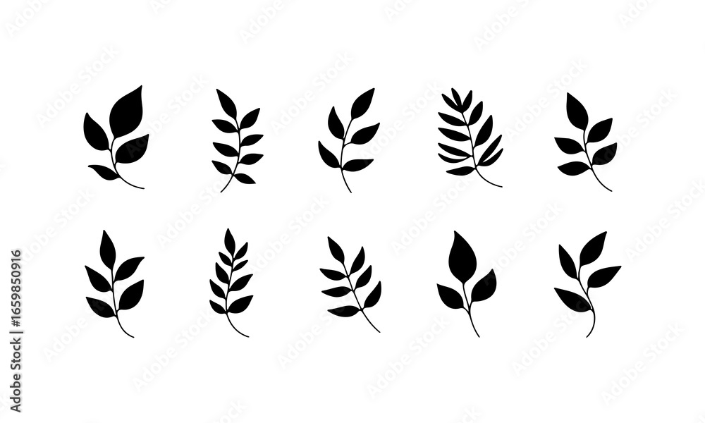Fototapeta premium Set of ten unique leaf designs in various shapes arranged in a pattern with black silhouettes on a white background