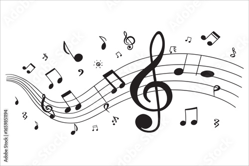 Flowing musical notes and clef on staves silhouette