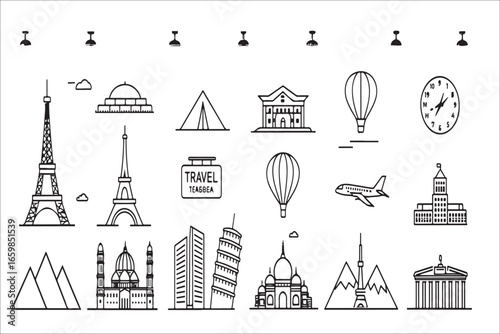 Sketchy famous landmarks and icons collection silhouette