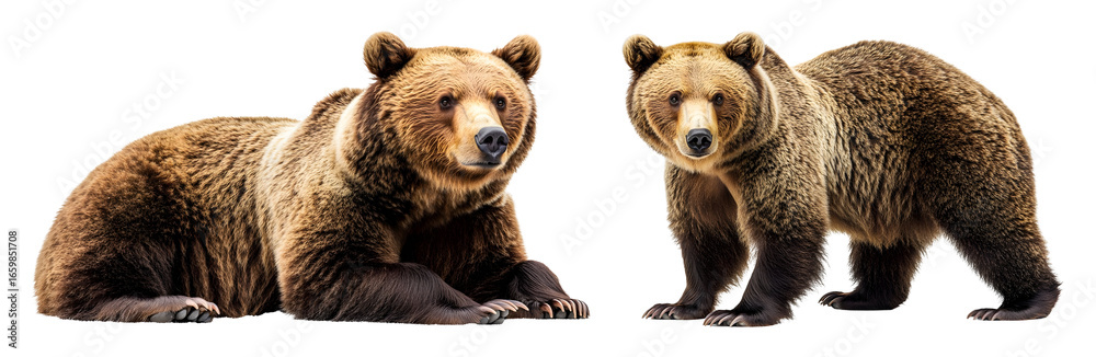 Obraz premium Two brown bears one lying down and one standing with detailed fur texture transparent background
