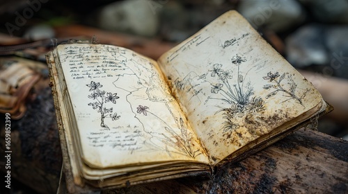 Vintage botanical field journal open to detailed flower sketches and handwritten notes resting on rustic wood outdoors