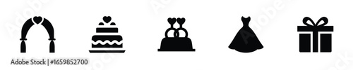 Wedding icons including arch cake dress gift toppers vector
