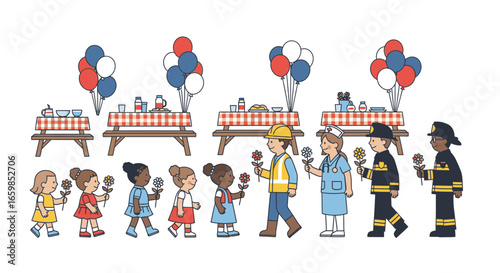 Diverse children giving flowers to community helpers like firefighters and nurses at a patriotic celebration picnic.