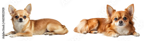 Two chihuahuas lying down one facing front the other slightly turned black transparent background