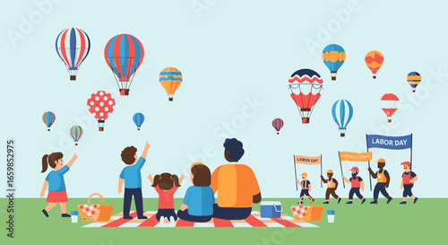 Family enjoying a picnic with hot air balloons in the background at a festival.