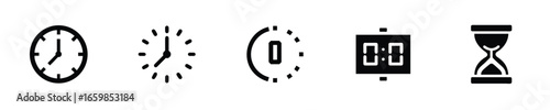 Five icons representing different types clocks timekeeping devices hourglass stopwatch