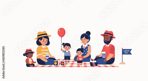 A happy family enjoying a picnic on a red and white checkered blanket, celebrating Labor Day.