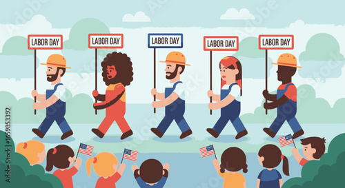 Illustration of diverse workers marching with Labor Day signs while children wave American flags in a celebratory parade.