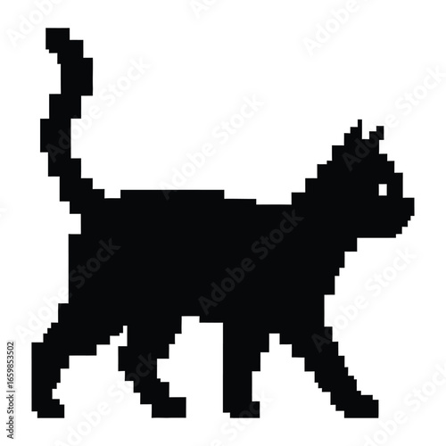 Black pixel art silhouette of a walking cat isolated on white background