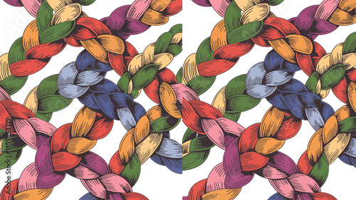 A repeating pattern of colorful braided strands on a white background creating a woven design effect