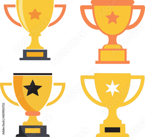 Golden Trophy Icon Set – Award Cup with Star Symbol for Sports, Games, and Achievements