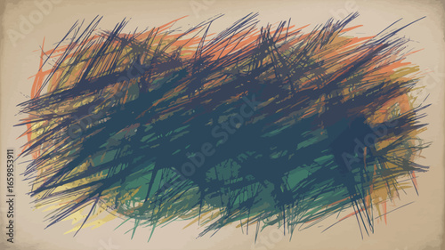 Abstract expressionist artwork featuring a chaotic arrangement of colorful lines and strokes on canvas