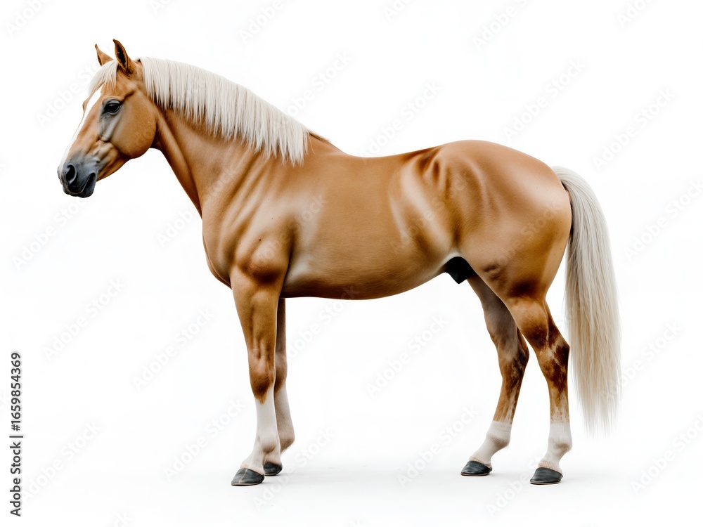 Obraz premium A photorealistic, full-body side profile of a muscular American Quarter Horse with a stunning palomino coat.