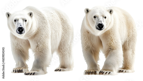 Two majestic polar bears standing side by side on a black ready to arctic animal transparent background