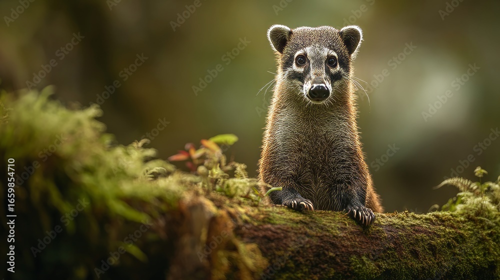 Obraz premium Curious coati perched on mossy log with blurred natural background close-up