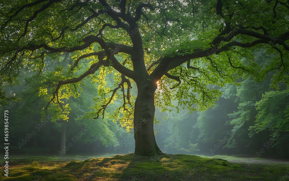 Fototapeta premium Majestic ancient oak tree bathed in golden morning sunlight, casting long shadows on a misty forest floor