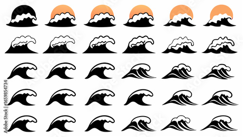 Collection of stylized ocean waves with varying crests and forms in a repeating pattern design layout silhouette