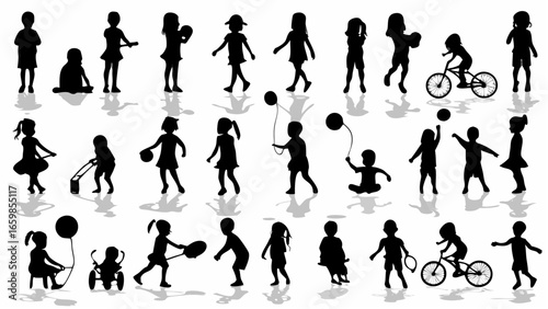 Silhouette illustration featuring a diverse group of children engaged in various activities and poses