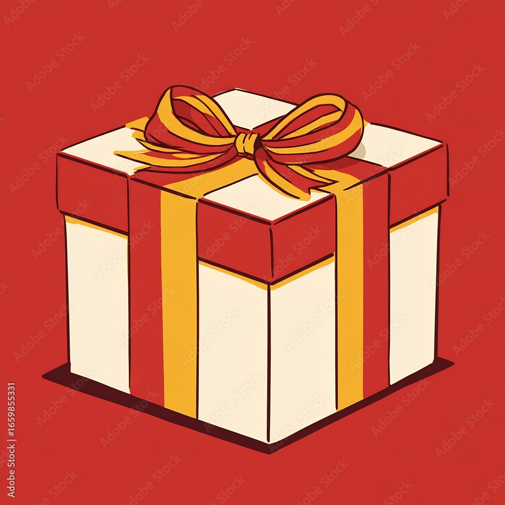 Obraz premium Illustration of a gift box present with red and gold ribbon for birthday christmas or holiday celebration