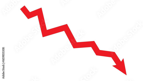 Red stock market investment decline chart. Downward arrow. Negative growth concept, business development, declining profits. Analytical financial chart. Trend. Changes in exchange rates, interest rate