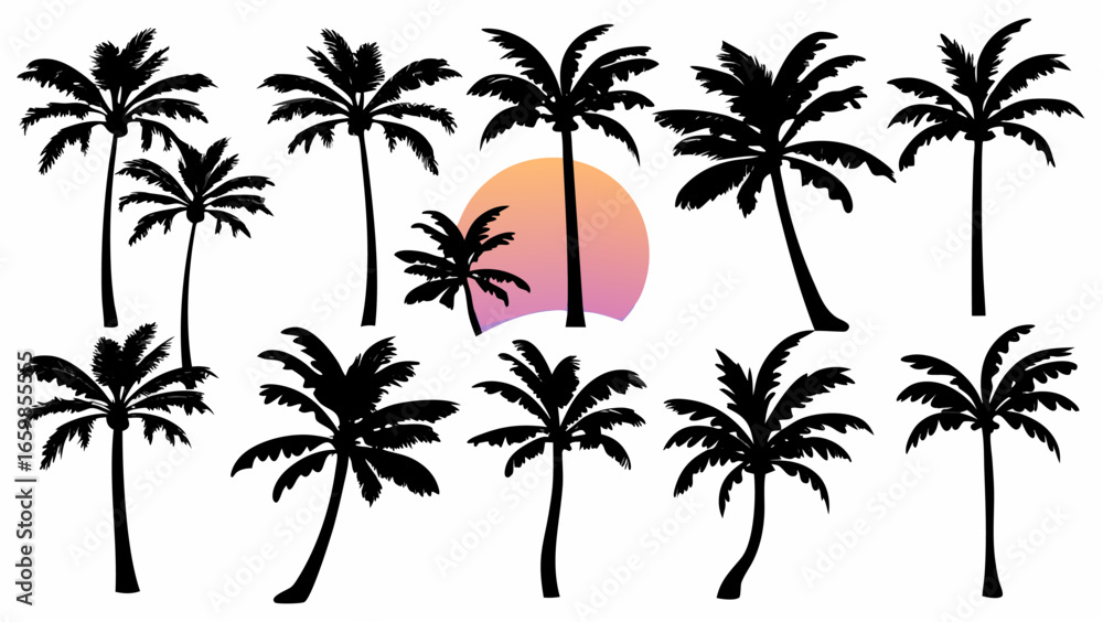 Fototapeta premium Silhouette of ten palm trees with a sunset background in shades of pink orange and purple color palette