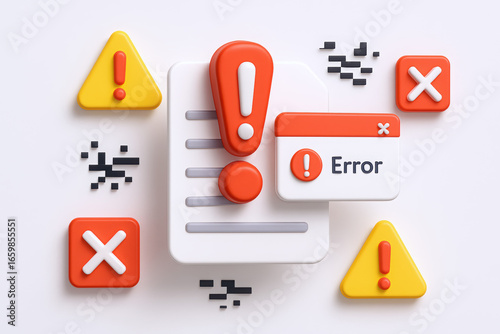 Colorful 3D error icons and warning signs conveying a digital issue or system alert.