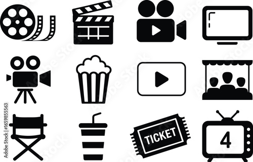Black and white cinema icons set, movie symbols collection, film production vector graphics, entertainment design elements, minimalist video illustrations