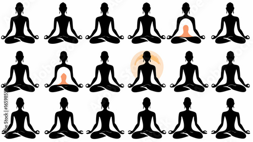 Array of meditating figures in lotus position with some figures having an inner glow and aura effect silhouette