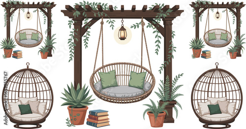 Cozy patio swing chair set, hanging egg chair, pergola with lantern, potted plants, reading nook, outdoor garden decor
