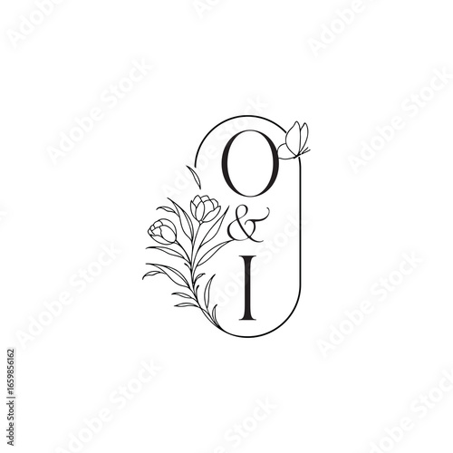 caligraphic style monogram luxury minimalist logo design OI wedding initial concept alphabet letter